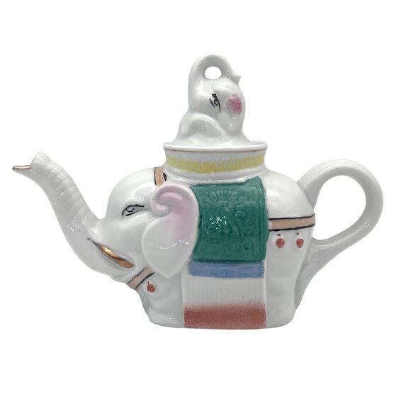 Vintage Elephant Porcelain Ceramic Teapot And Baby Elephant Calf Lid Gold Accent - Picture 2 of 16